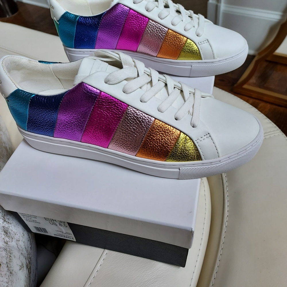 Kurt Geiger White Sneakers with Rainbow Metallic Stripes